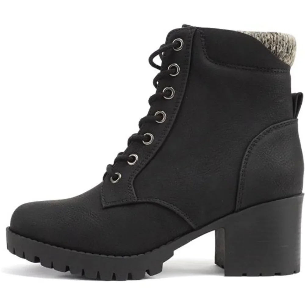 Women Black Winter Lug Sole‎ Chunky Heel Combat Ankle Boot Lace up w/Side Zipper